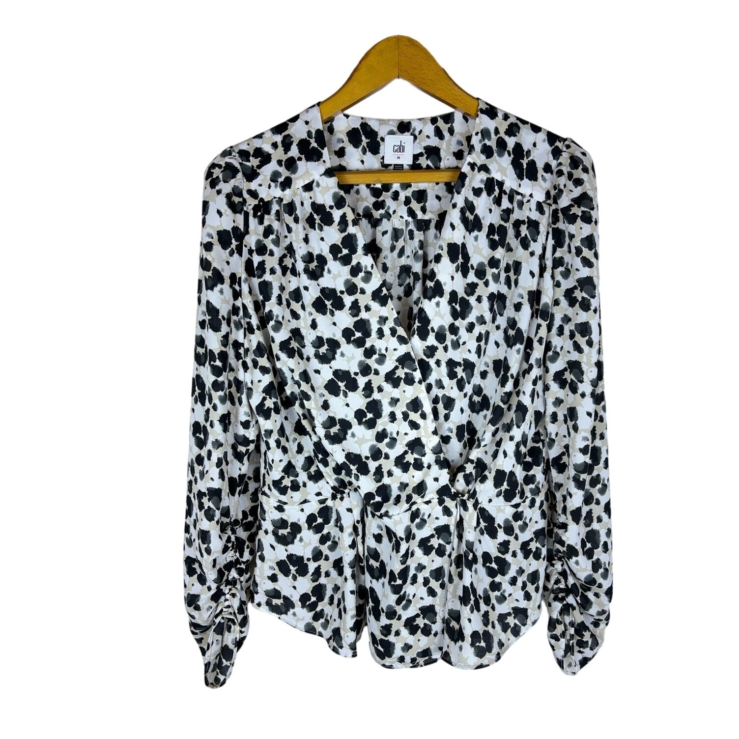 Cabi Blouse Peplum Rosette Leopard Animal Print Ruched Sleeve Wrap Sz M 5898